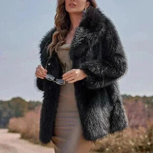 Black Preppy Womens Lapel Neck Slant Pockets Fuzzy Coat
